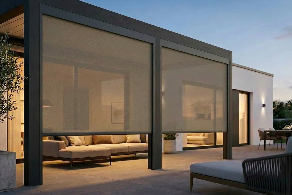 Zip-Screen Senkrechtmarkise an moderner Terrasse